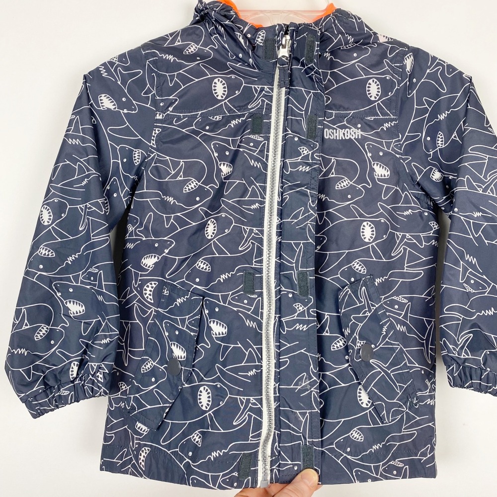 OshKosh Shark Print Hooded Jersey Lined Windbreaker Rain Jacket Kids Size M 5-6